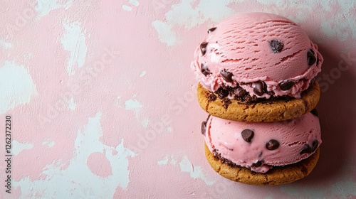 Delicious chocolate chip cookie ice cream sandwiches stacked on a turquoise b...