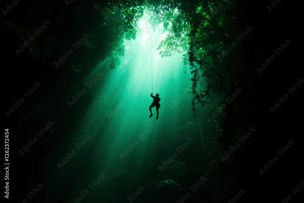 Fototapeta premium Adventurer rappels into a sinkhole, illuminated by sunbeams for exploration use