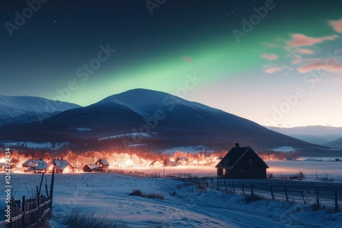 Northern lights over a village landscape in winter mountains in Norway