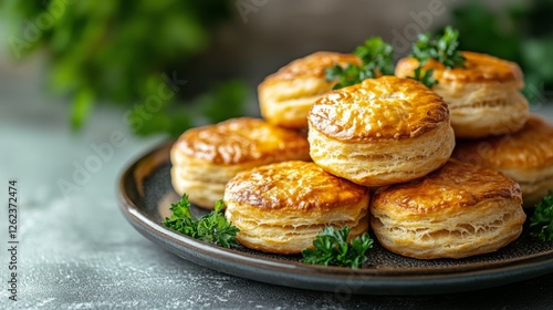 Flaky golden pastries arranged on a plate with fresh herbs beside them