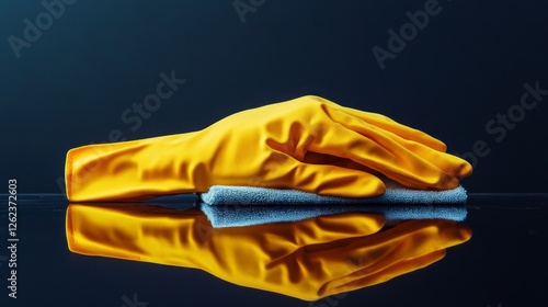 Hand with yellow glove cleaning a surface with a blue cloth in a bright setting
