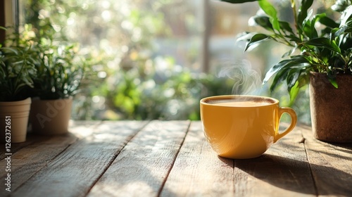 Warm cup of coffee on a wooden table surrounded by plants in a bright, cozy s...