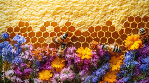 Bees collecting nectar from colorful blossoms near honeycomb on a bright sunn...