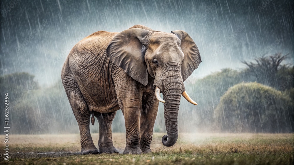 Obraz premium Majestic Elephant Standing in Rain on African Savannah Landscape