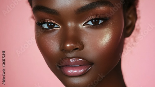 Young woman with sparkling makeup and vibrant blue eyes posing against a colo...