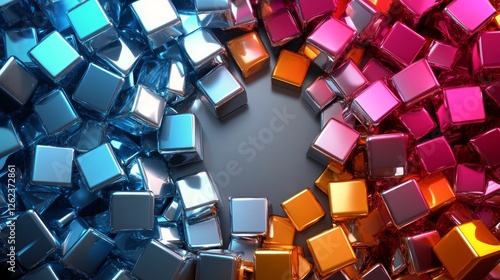 Abstract geometric structure featuring reflective cubes surrounded by vibrant...