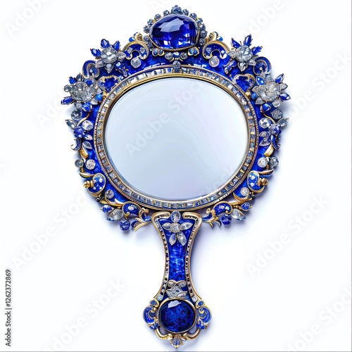 Ornate hand mirror with blue and silver embellishments, designed for reflection and decoration. isolated on white background photo