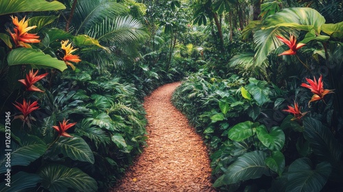Lush green pathway winding through tropical foliage with vibrant flowers and ...