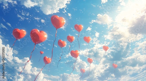 Red heart balloons floating against a bright blue sky with fluffy clouds duri...