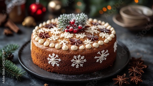 Festive cake adorned with winter decorations and seasonal toppings on a dark ...