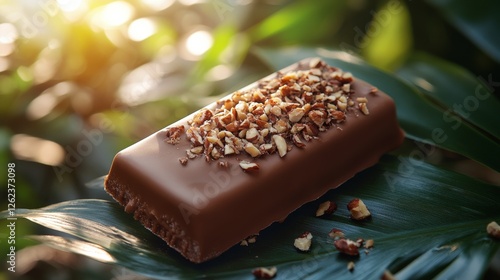 Chocolate ice cream bar topped with nuts on a vibrant blue background