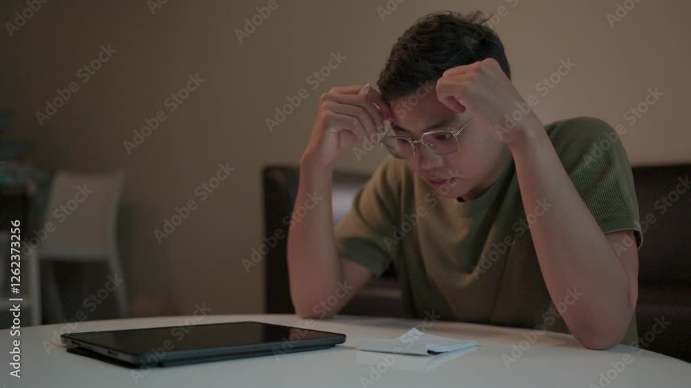 Financial worries a young man sits at a table, deeply concerned, reviewing his finances. The dim lighting adds to the sense of stress and anxiety. Financial worries a young man sits at a table, deeply concerned, reviewing his finances. The dim lighting adds to the sense of stress and anxiety.