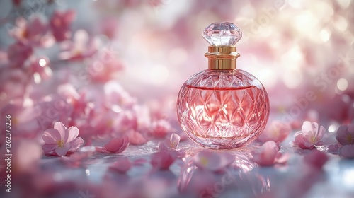 Elegant perfume bottle surrounded by delicate pink flowers in soft light