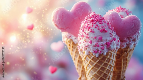 Colorful ice cream cones with pink sprinkles set against a blurred pastel bac...