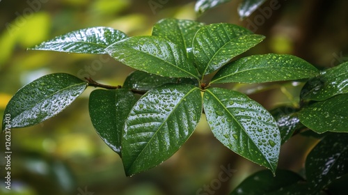 Dewdrops glisten on lush green leaves in a vibrant forest during early mornin...