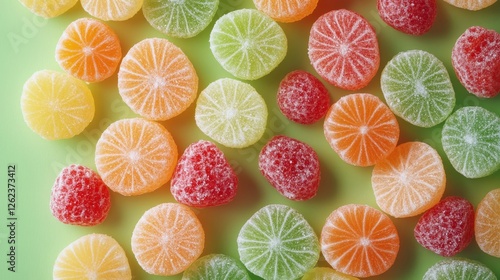 Colorful assortment of fruit-flavored candies scattered on a vibrant green ba...