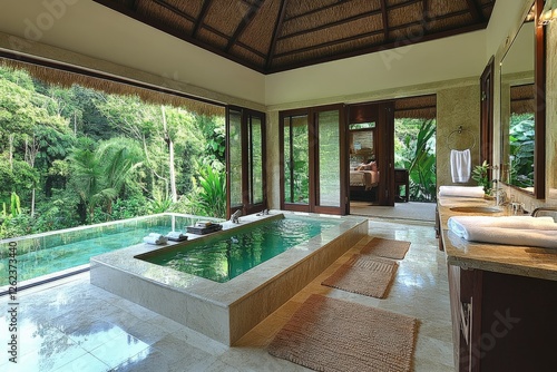 Luxurious bathroom with tropical views and private plunge pool in a serene villa retreat photo