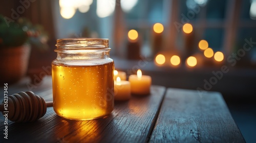 Warm candlelight illuminating a rustic table at sunset with a jar candle and ...