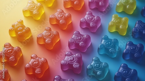 Colorful gummy bears arranged in a vibrant rainbow pattern on a shiny surface