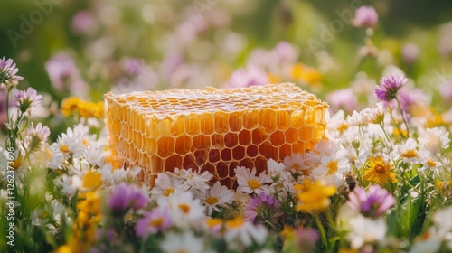Honeycomb resting in a vibrant flower field at sunset with gentle sunlight il...