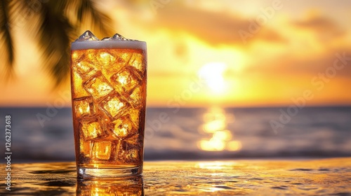 Refreshing iced beverage served in glass with sunlight and tropical foliage i...