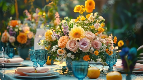 Beautiful floral arrangement on a dining table for a garden celebration in th...