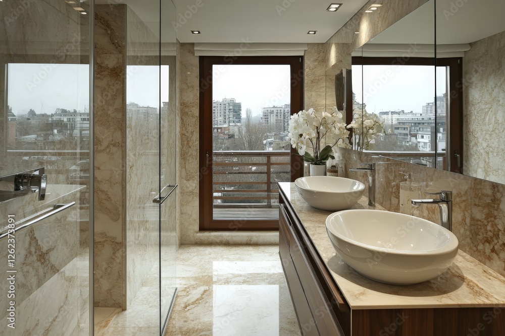 Fototapeta premium Elegant modern bathroom with marble finishes and natural light in urban residence