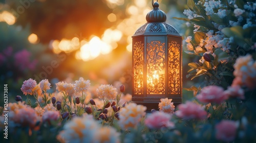 Soft glow of lantern amidst blooming flowers at sunset in a serene garden