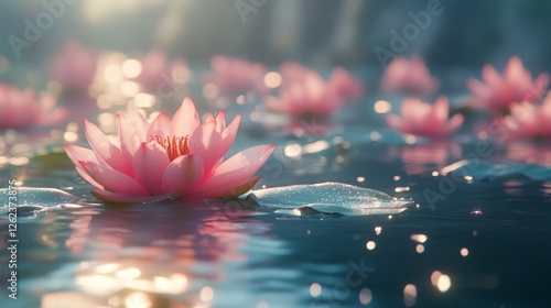 Serenity of pink lotus flowers floating on tranquil water in a sunlit pond
