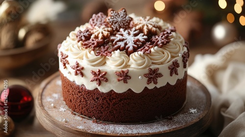 Festive cake adorned with winter decorations and seasonal toppings on a dark ...