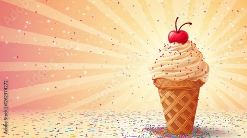 Delightful ice cream cone topped with cherry and colorful sprinkles on festiv...