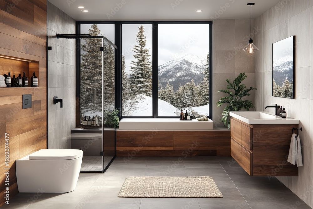 Fototapeta premium Modern bathroom design showcases mountain view with elegant finishes and natural elements in a tranquil setting
