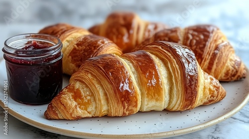 Freshly baked croissants served with fruit preserve and flowers on a rustic t...