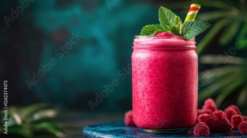 Refreshing tropical smoothie with mango and raspberries in vibrant setting