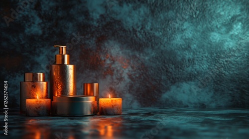 Relaxing spa setup with candles and essential oil bottles in a tranquil envir...