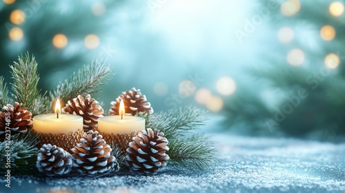 Festive candles surrounded by pinecones and frost on a winter evening near Ch...