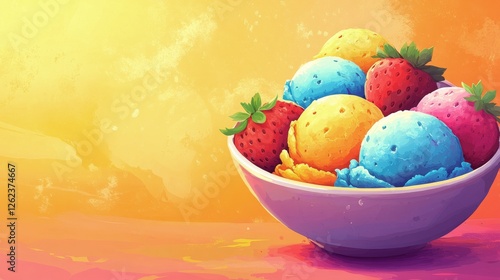 Colorful assortment of ice cream scoops served in a decorative bowl with fres...