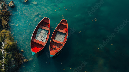 Luftaufnahme zweier leuchtend roter Holzboote auf türkisblauem, kristallklarem Wasser eines Sees, die an einem felsigen Ufer ankern. Idyllische Szenerie aus der Vogelperspektive photo