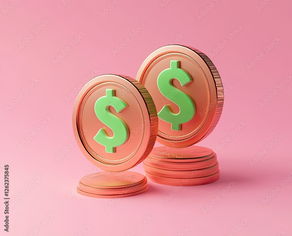 Two 3D dollar coins on stacks against a pink background Two 3D dollar coins on stacks against a pink background