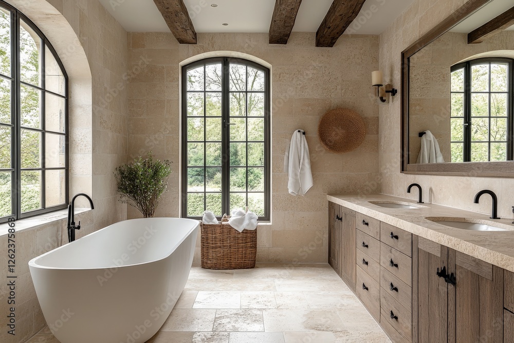 Fototapeta premium Elegant and serene bathroom with natural light and modern design in a peaceful residence