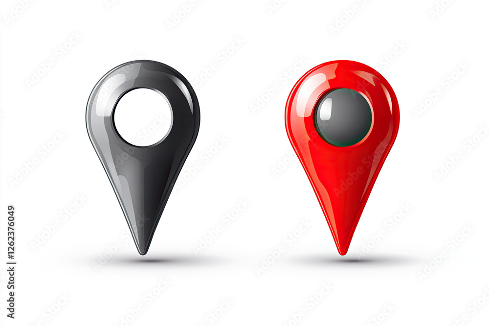 Two 3D location markers, black and red, isolated on white Two 3D location markers, black and red, isolated on white