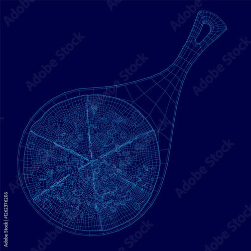 A blue image wireframe of a pizza on pan