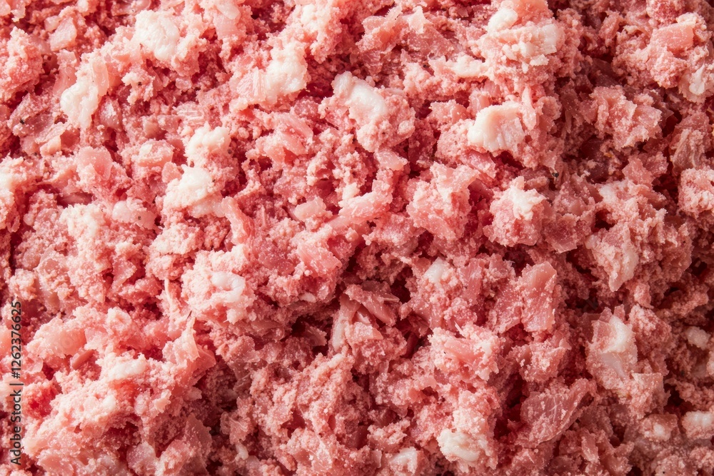 Raw minced meat texture close-up with pink tones. AI image Raw minced meat texture close-up with pink tones. AI image