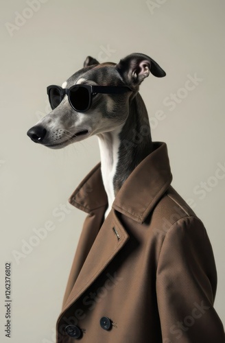 portrait a slender Greyhound wearing a designer coat with oversized sunglasses on plain neutral background