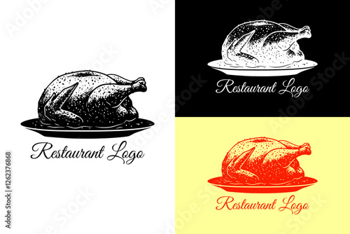 roasted chicken on a plate, barbeque, bbq, restaurant logo, fast food, food cart, food truck, tiffin service, meal, meat, turkey, delicious, hot, spicy, food shop, foodie, food blog, logo, vector