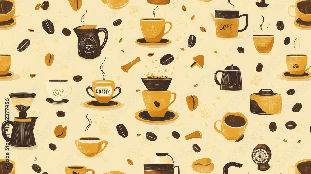 Coffee pots and manual grinders seamless pattern with steaming cups decorated by coffee beans in brown and yellow colors. May be use as coffee shop menu backdrop or kitchen interior design Coffee pots and manual grinders seamless pattern with steaming cups decorated by coffee beans in brown and yellow colors. May be use as coffee shop menu backdrop or kitchen interior design