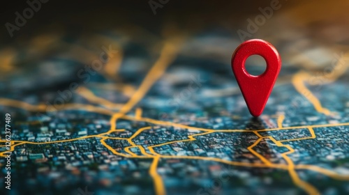Red location marker placed on a detailed map demonstrating navigation and travel planning