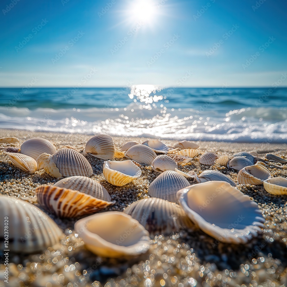 seashells glowing in the bright sun, lying on the soft sand of a tranquil beach, creating a perfect scene of coastal beauty. seashells glowing in the bright sun, lying on the soft sand of a tranquil beach, creating a perfect scene of coastal beauty.
