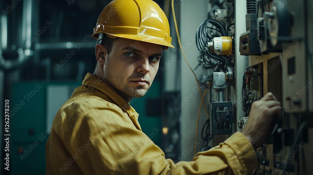 Electrician profession flat design with man in yellow hard helmet and coveralls encircled by energy saving and light bulbs, plug and socket, electricity meter, circuit breaker, multimeter Electrician profession flat design with man in yellow hard helmet and coveralls encircled by energy saving and light bulbs, plug and socket, electricity meter, circuit breaker, multimeter
