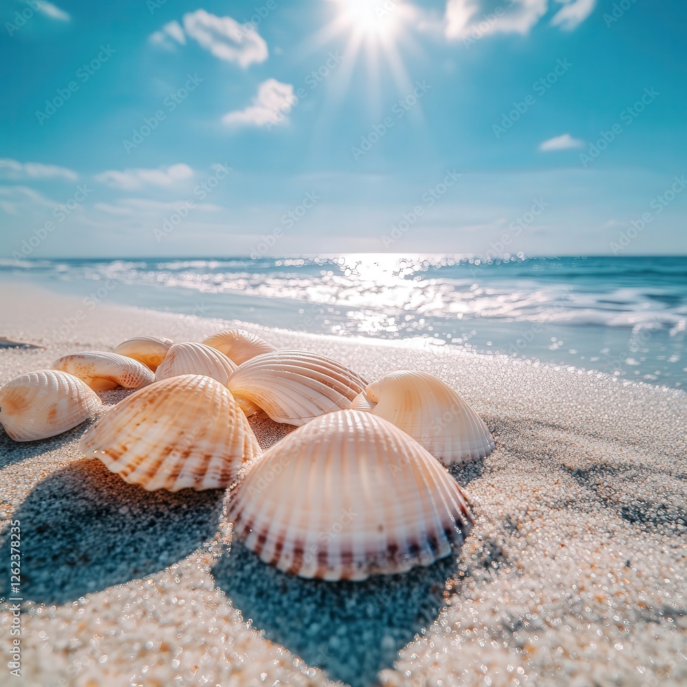 seashells glowing in the bright sun, lying on the soft sand of a tranquil beach, creating a perfect scene of coastal beauty. seashells glowing in the bright sun, lying on the soft sand of a tranquil beach, creating a perfect scene of coastal beauty.